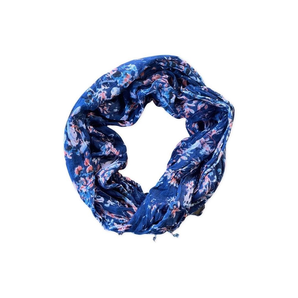 Blue Coral and Purple Floral Scarf with Tassels Hair Wrap Cover Up